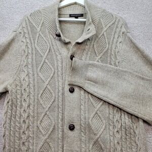 Banana Republic Cardigan Sweater Men L Cable Knit Beige Wool Fisherman Dad Chunk